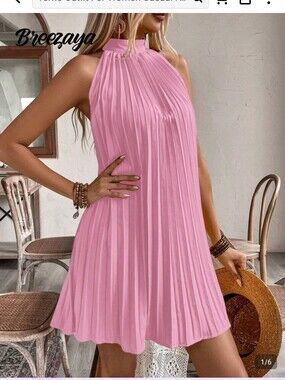 Breezaya Halter Off-Shoulder  Pleated Holiday Casual Dress Vacation Beach Outfit